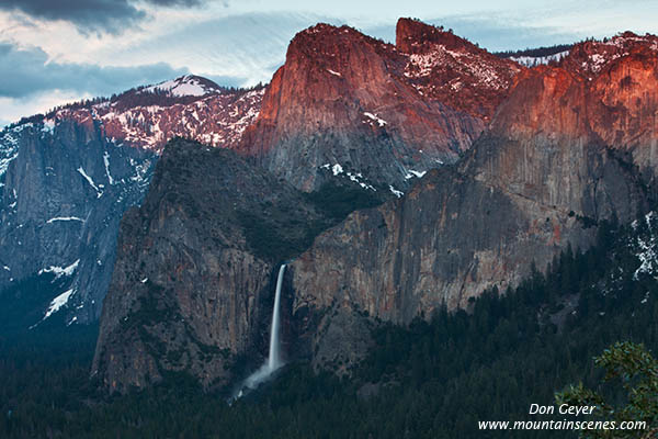 Image of Cathedral Spires & Bridalveil Fall at sunset.