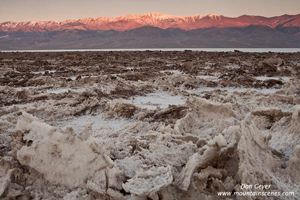 Image of Badwater salt crusts, Telescope Peak, sunrise, Death Valley