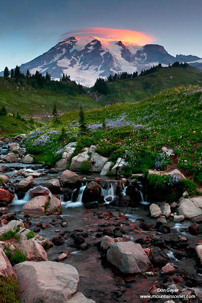 Image of Mount Rainier and lenticular above Edith Creek.