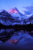 Image of Mount Assiniboine reflected in Lake Magog, alpenglow
