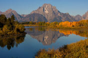 Image of Mount Moran and aspen reflection at Oxbow Bend in Autumn, Grand Teton National Park